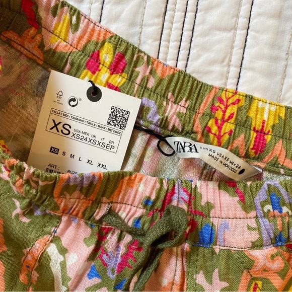 NWT ZARA Green Multicolor Aztec Printed Drawstring Linen Blend Beach Shorts XS - Picture 7 of 8